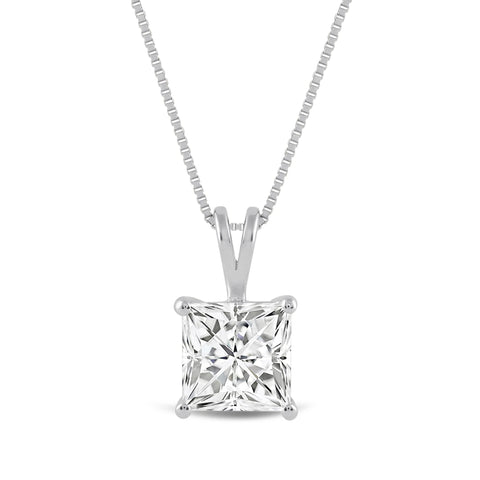 Everyday Elegance Solid 14K White Gold Lab Grown Diamond Solitaire Pendant Necklace for Women in Princess Cut | 2 CTW | 18 Inch Length | Box Link Chain| With Gift Box
