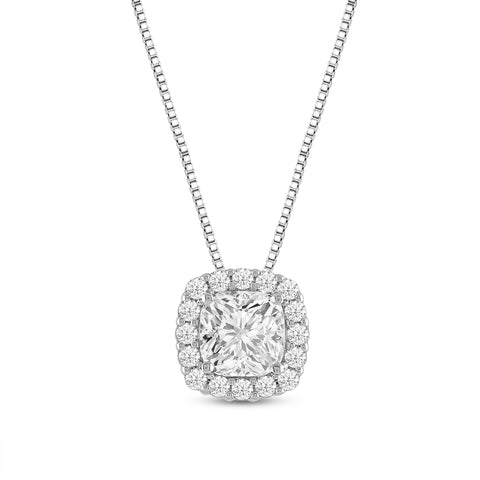 Everyday Elegance 14K White Gold Cushion Cut Halo Cubic Zirconia Solitaire Pendant Necklace (1.5 CT center, 1.86 CTW) 18 Inch Box Link Chain | With Gift Box