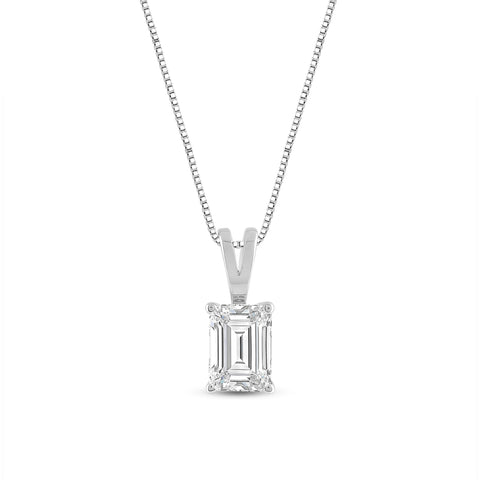 Everyday Elegance 14K White Gold Cubic Zirconia Solitaire Pendant Necklace for Women Emerald Cut 1.8 CTW |.60mm Thick 18" Length Box Link Chain |With Gift Box