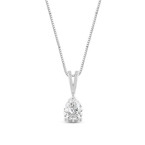 Everyday Elegance 14K White Gold Cubic Zirconia Solitaire Pendant Necklace for Women Pear Cut 1.0 CTW | 0.60mm Thick 18" Length Box Link Chain | With Gift Box