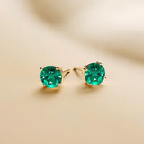 Everyday Elegance 14KT Real Yellow Gold 4 Prong Setting Solitaire Stud Earrings for Men & Women with 7 MM Round Cut Created Emerald and Screw Back | With Gift Box