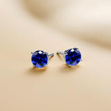 Everyday Elegance 14KT Real White Gold 4 Prong Setting Solitaire Stud Earrings for Men & Women with 7 MM Round Cut Created Blue Sapphire and Screw Back | With Gift Box