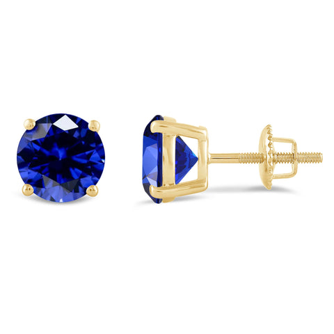 Everyday Elegance 14KT Real Yellow Gold 4 Prong Setting Solitaire Stud Earrings for Men & Women with 7 MM Round Cut Created Blue Sapphire and Screw Back | With Gift Box