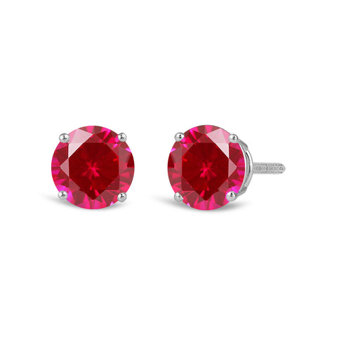 14K Solid White Gold Classic Four Prong Stud Earrings | Round Cut Created Ruby | Screw Back Posts | With Gift Box