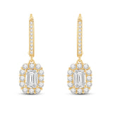 Everyday Elegance 14K Solid Yellow Gold Leverback Earrings Emerald "Halo" Cubic Zirconia Drop Dangle Basket Setting 3.0 CTW With Gift Box