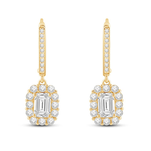 Everyday Elegance 14K Solid Yellow Gold Leverback Earrings Emerald "Halo" Cubic Zirconia Drop Dangle Basket Setting 3.0 CTW With Gift Box