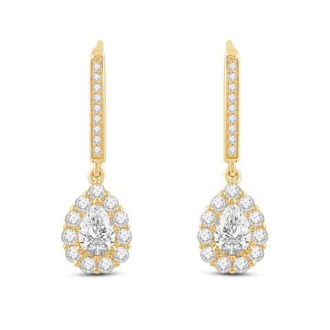 Everyday Elegance 14K Solid Yellow Gold Leverback Earrings Pear "Halo" Cubic Zirconia Drop Dangle Basket Setting 2.0 CTW With Gift Box
