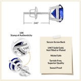 Everyday Elegance 14KT Real White Gold 4 Prong Setting Solitaire Stud Earrings for Men & Women with 7 MM Round Cut Created Blue Sapphire and Screw Back | With Gift Box