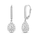 Everyday Elegance 14K Solid White Gold Leverback Earrings Pear "Halo" Cubic Zirconia Drop Dangle Basket Setting 2.0 CTW With Gift Box