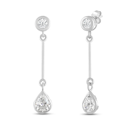 Everyday Elegance 14K White Gold Bar Stud Earrings | Round Cubic Zirconia Stud 0.25 CT (4mm) & Pear CZ drop 1CT (7mm) | With Gift Box