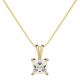 14K Solid Yellow Gold Pendant Necklace | Princess Cut Cubic Zirconia Solitaire | 1 Carat | 16 Inch .60mm Box Link Chain