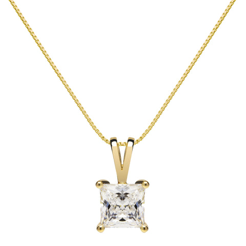 14K Solid Yellow Gold Pendant Necklace | Princess Cut Cubic Zirconia Solitaire | 1 Carat | 16 Inch .60mm Box Link Chain