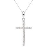 14K Solid White Gold Pave Cross Pendant Necklace | Round Cut Cubic Zirconia .575 CTW | 18 Inch .60mm Box Link Chain | With Gift Box