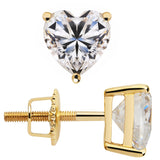 14K Solid Yellow Gold Stud Earrings | Heart Cut Cubic Zirconia | Screw Back Posts | 1.5 CTW