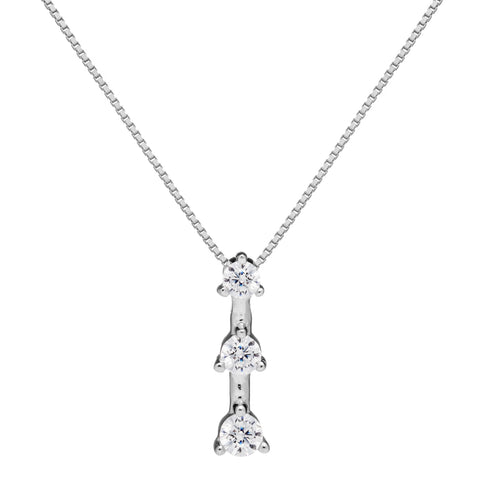 14K Solid White Gold Pendant Necklace | Round Cut Cubic Zirconia 3-Stone "Trilogy" | .22 CTW, Diamond Equivalent | 18 Inch Box Link Chain