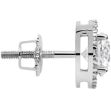 14K Solid White Gold Stud Earrings | Round "Halo" Cubic Zirconia | Screw Back Posts | .48 CT center, .60 CTW each, 1.20 CTW