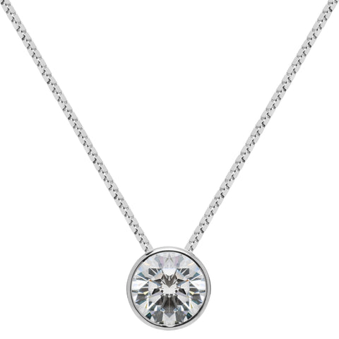 14K Solid White Gold Pendant Necklace | Bezel Set Round Cut Cubic Zirconia Solitaire | 1.5 Carat | 16 Inch 1.0mm Box Link Chain