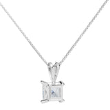 14K Solid White Gold Pendant Necklace | Princess Cut Cubic Zirconia Solitaire | 1 Carat | 16 Inch Box Link Chain