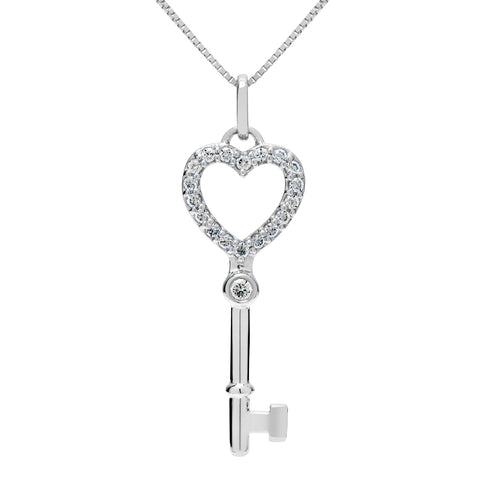 14K Solid White Gold Key to my Heart Pendant | Pave Round Cut Cubic Zirconia Pendant| .20 CTW | 18 Inch Box Link Chain | With Gift Box