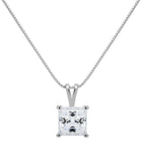14K Solid White Gold Pendant Necklace | Princess Cut Cubic Zirconia Solitaire | 2 Carat | 18 Inch .60mm Box Link Chain
