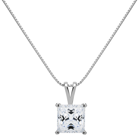 14K Solid White Gold Pendant Necklace | Princess Cut Cubic Zirconia Solitaire | 2 Carat | 18 Inch .60mm Box Link Chain