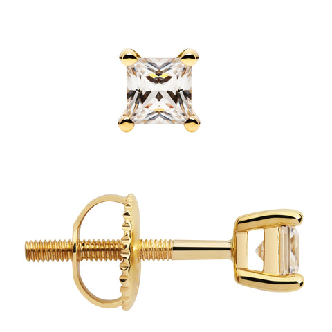 14K Solid Yellow Gold Stud Earrings | Princess Cut Cubic Zirconia | Screw Back Posts | .58 CTW
