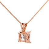 14K Solid Rose Gold Pendant Necklace | Princess Cut Cubic Zirconia Solitaire | 2 Carat | 18 Inch .60mm Box Link Chain