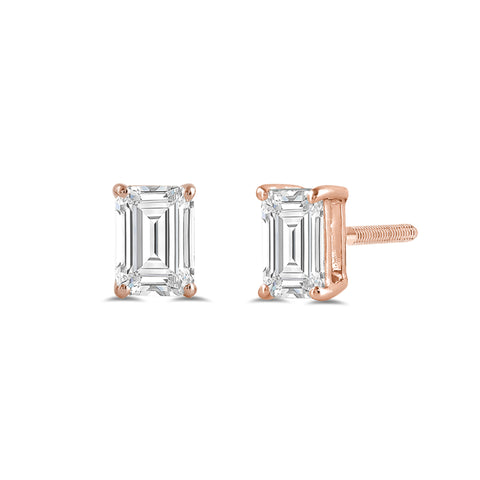 14K Solid Rose Gold Solitaire Stud Earrings | Emerald Cut Cubic Zirconia | Screw Back Posts | 2.0 CTW | With Gift Box