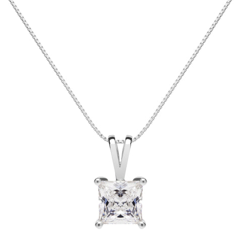 14K Solid White Gold Pendant Necklace | Princess Cut Cubic Zirconia Solitaire | 1 Carat | 18 Inch Box Link Chain