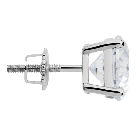 14K Solid White Gold SINGLE Stud Earring | Round Cut Cubic Zirconia | Screw Back Post | 1.67 Carat