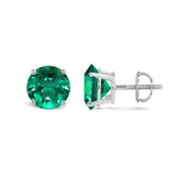 14K Solid White Gold Classic Four Prong Stud Earrings | Round Cut Created Emerald | Screw Back Posts | With Gift Box