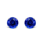 14K Solid White Gold Classic Four Prong Stud Earrings | Round Cut Created Sapphire | Screw Back Posts | With Gift Box