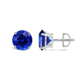 14K Solid White Gold Classic Four Prong Stud Earrings | Round Cut Created Sapphire | Screw Back Posts | With Gift Box