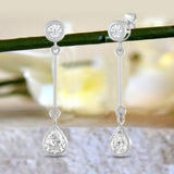 Everyday Elegance 14K White Gold Bar Stud Earrings | Round Cubic Zirconia Stud 0.25 CT (4mm) & Pear CZ drop 1CT (7mm) | With Gift Box