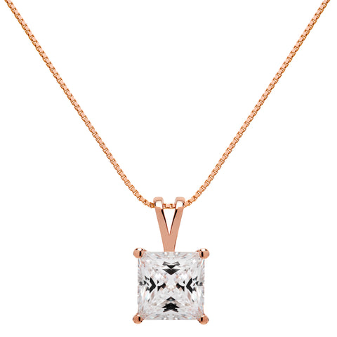 14K Solid Rose Gold Pendant Necklace | Princess Cut Cubic Zirconia Solitaire | 2 Carat | 18 Inch .60mm Box Link Chain