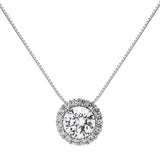 14K Solid White Gold Pendant Necklace | Round "Halo" Cubic Zirconia Solitaire | 1.0 CT center, 1.24 CTW | 18 Inch .60mm Box Link Chain