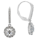 14K Solid White Gold Leverback Earrings | Round "Halo" Cubic Zirconia | Drop Dangle Basket Setting | .63 CT center, 1.0 CTW each, 2.0 CTW pair