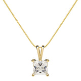 14K Solid Yellow Gold Pendant Necklace | Princess Cut Cubic Zirconia Solitaire | 1 Carat | 16 Inch .60mm Box Link Chain