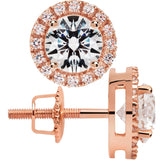 14K Solid Rose Gold Stud Earrings | Round "Halo" Cubic Zirconia | Screw Back Posts | .48 CT center, .60 CTW each, 1.20 CTW