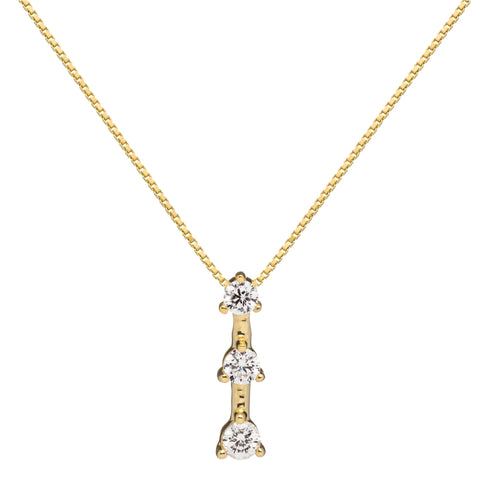 14K Solid Yellow Gold Pendant Necklace | Round Cut Cubic Zirconia 3-Stone "Trilogy" | .22 CTW, Diamond Equivalent | 18 Inch Box Link Chain
