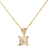 14K Solid Yellow Gold Pendant Necklace | Princess Cut Cubic Zirconia Solitaire | 1 Carat | 18 Inch Box Link Chain