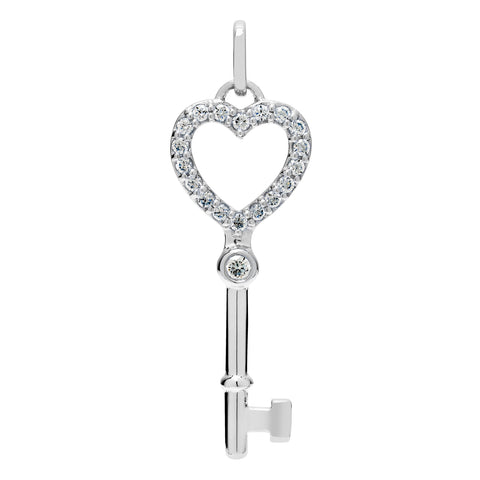 14K Solid White Gold Key to my Heart Pendant | Pave Round Cut Cubic Zirconia Pendant | .20 CTW | Pendant Only | With Gift Box