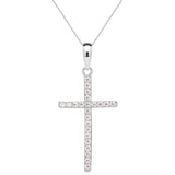 14K Solid White Gold Pave Cross Pendant Necklace | Round Cut Cubic Zirconia .575 CTW | 18 Inch .60mm Box Link Chain | With Gift Box