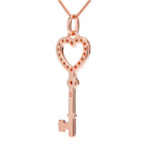 14K Solid Rose Gold Key to my Heart Pendant | Pave Round Cut Cubic Zirconia Pendant| .20 CTW | 16 Inch Box Link Chain | With Gift Box