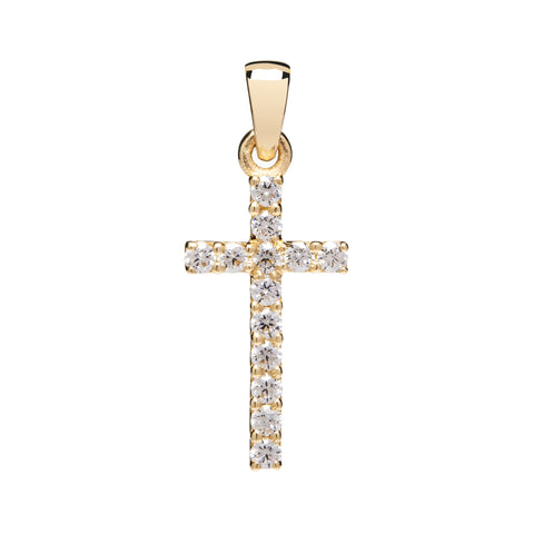 14K Solid Yellow Gold Cross | Pave Round Cut Cubic Zirconia .30 CTW | 15mm Long | Pendant Only | With Gift Box