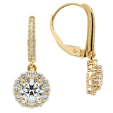 14K Solid Yellow Gold Leverback Earrings | Round "Halo" Cubic Zirconia | Drop Dangle Basket Setting | .63 CT center, 1.0 CTW each, 2.0 CTW pair