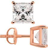 14K Solid Rose Gold Stud Earrings | Princess Cut Cubic Zirconia | Screw Back Posts | 4.0 CTW