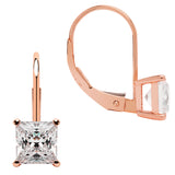 14K Solid Rose Gold Earrings | Princess Cut Cubic Zirconia | Leverback Drop Dangle Basket Setting | 2.0 CTW