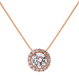 14K Solid Rose Gold Pendant Necklace | Round "Halo" Cubic Zirconia Solitaire | 1.0 CT center, 1.24 CTW | 18 Inch .60mm Box Link Chain