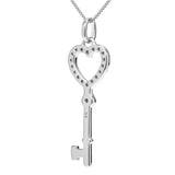 14K Solid White Gold Key to my Heart Pendant | Pave Round Cut Cubic Zirconia Pendant| .20 CTW | 16 Inch Box Link Chain | With Gift Box